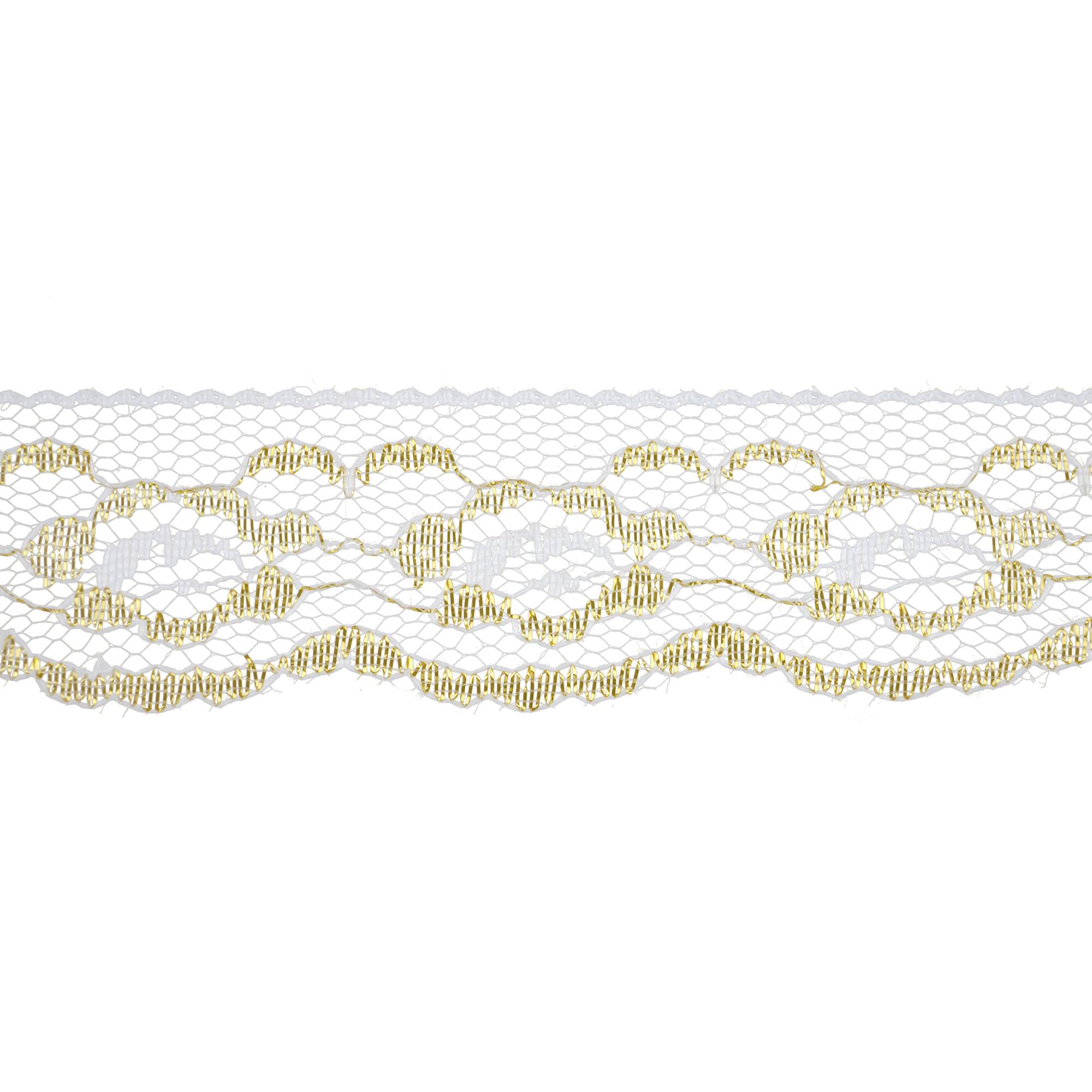 1.25'' x 3 yd. White and Gold Lace Trim Ribbon by Celebrate It®